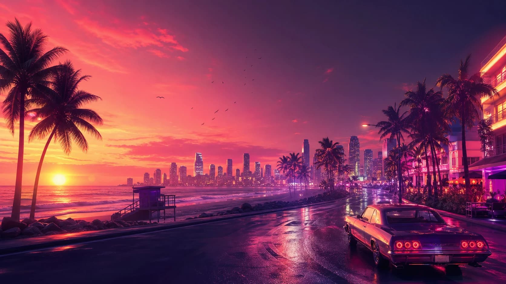 Ciudad costera gamificada al atardecer